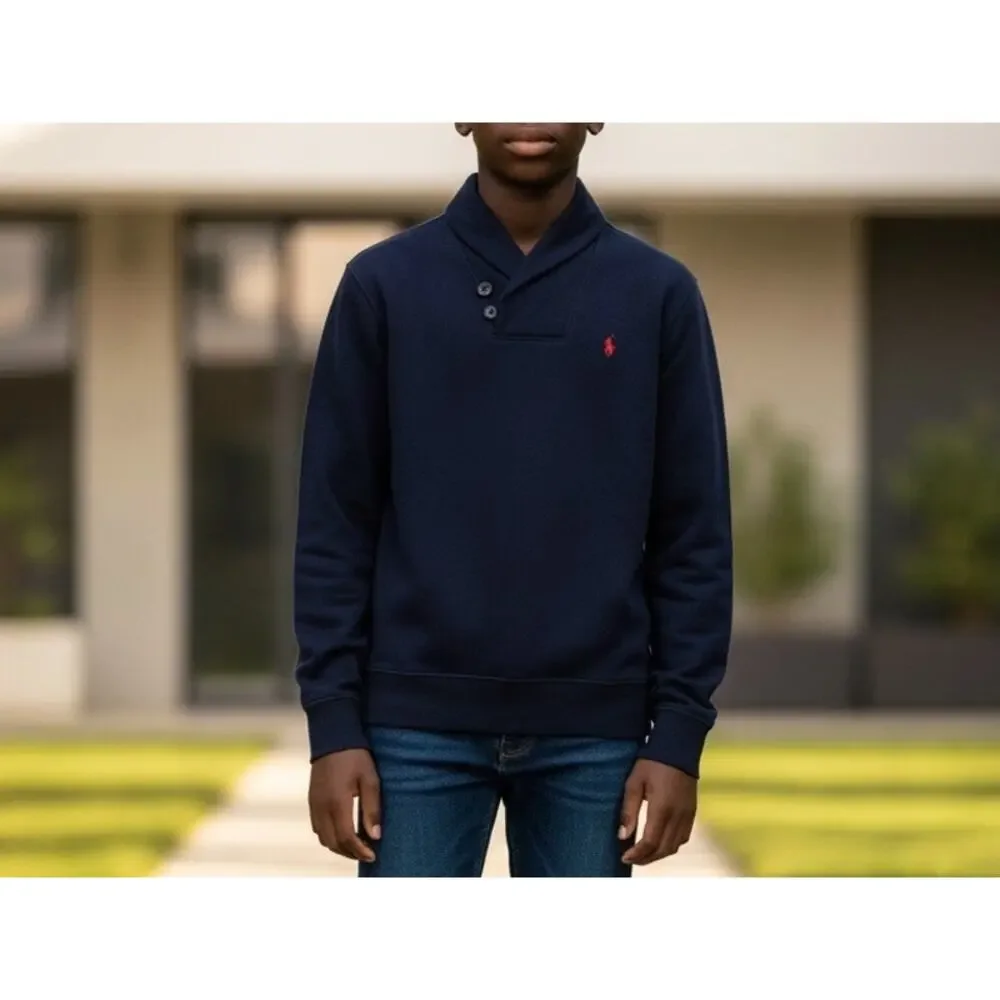 NWOT Boy's XL Polo Ralph Lauren Navy Fleece Shawl Collar Pullover Sweater Preppy